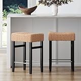 Nathan James Harvey Rattan Bar Stool, Bohemian Counter Height Stool with Woven Seagrass Seat, Solid Wood Legs, and Metal Footrest Seagrass/Brushed Black