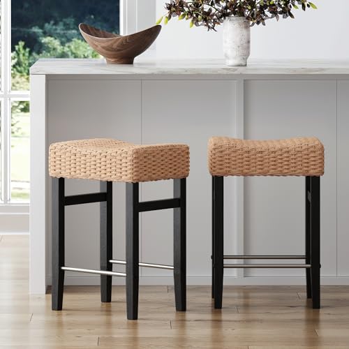 Nathan James Harvey Rattan Bar Stool, Bohemian Counter Height Stool with Woven Seagrass Seat, Solid Wood Legs, and Metal Footrest Seagrass/Brushed Black