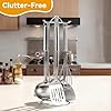 Stainless Steel Kitchen Cooking Utensils Set of 7 - Kitchen Utensils with Hanging Rack, Spatula, Slotted Turner, Soup Ladle, Slotted Spoon, Whisk, Pasta Server, Holder, Dishwasher Safe