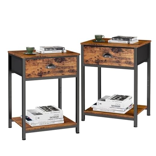 Nightstands Set of 2, Industrial End Table with Fabric Drawer and Storage Shelf, Retro Bedside Tables Organizer, Side Table for Living Room Bedroom, Rustic Brown Wooden Look and Black Metal Frame
