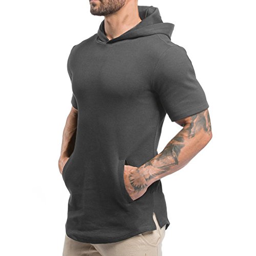 Magiftbox Mens Hipster Hip Hop Workout Short Sleeve Hoodies Pullover Hooded Gym Sweatshirts with Kanga Pocket T07_Dark-Gray_US-XL