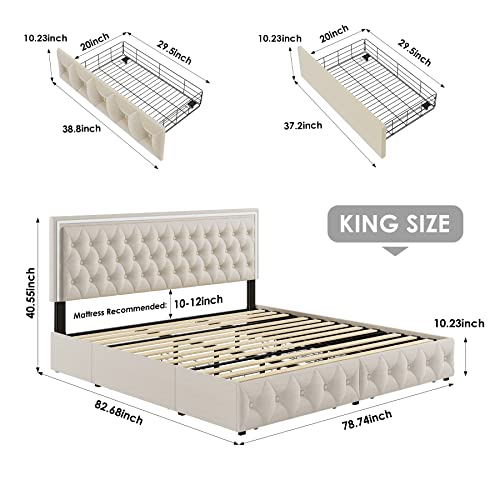 Keyluv King Upholstered LED Bed Frame with 4 Drawers, Velvet Platform Storage Bed with Adjustable Button Tufted Headboard and Solid Wooden Slats Support, No Box Spring Needed, Beige