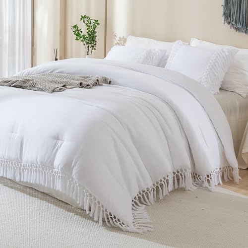Image of Andency White Full Size Comforter Set, 3 Pieces Boho Tassel Lightweight Soft Bedding Comforter Sets, All Season Fluffy Fringe Bed Set (79x90In Comforter & 2 Pillowcases)