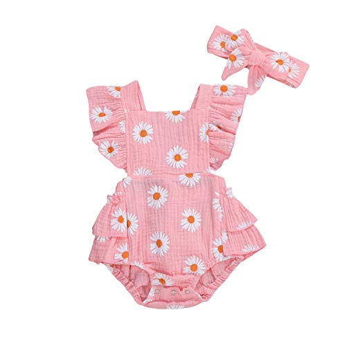 Image of Newborn Baby Girl Romper Dresses Dot Sleeveless Ruffled Tutu Skirts Jumpsuit Bodysuit Onesie Summer Clothes (Pink-Daisy, 0-6 Months)