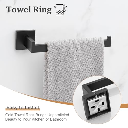 Image of TURS 5-Piece Bathroom Hardware Set Square Towel Bar Toilet Paper Holder Hand Towel Holder and 2 Towel Hooks, Matt Black SUS 304 Stainless Steel Wall Mounted, Q7BK-P5