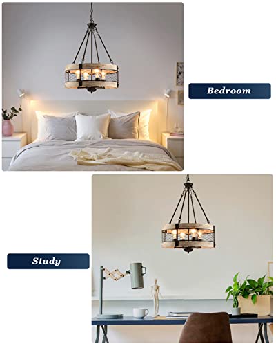 Poserion White Oak Wood Farmhouse 4-Light Drum Chandelier Black Metal Mesh Pendant Light For Dining Room Living Bed Room #TOP2