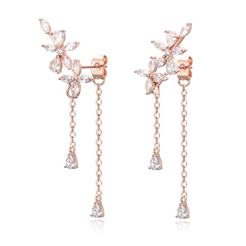 Elequeen Rose Gold Plated Sparkle Cubic Zirconia Flowers Wrap Earrings Dangle Chain For Women Elegant Bridal Earrings Wedding Party Drop Earrings #TOP2
