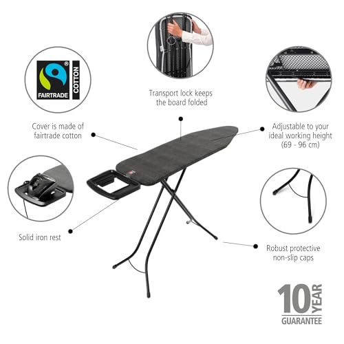 Image of Brabantia Comfort Ironing Board with Solid Steam Iron Rest | Medium (Size B) | Fairtrade Denim Black Cover | Adjustable Height (27-38 inch), Easy Fold, Anti-Collapse Lock, Non-Slip Feet