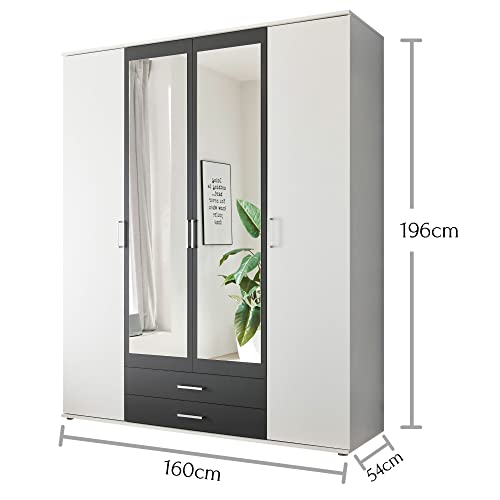 Stella Trading HANAU Kleiderschrank mit Spiegeltür in Weiß, Graphit - Vielseitiger Drehtürenschrank 4-türig für Ihr Schlafzimmer - 160 x 196 x 54 cm (B/H/T)