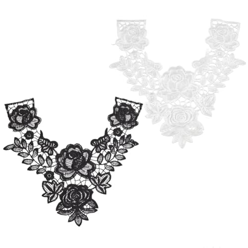 AHANDMAKER 2Pcs Vintage Floral Lace Neckline Collar Patches, Black & White Rose Lace Applique Patches