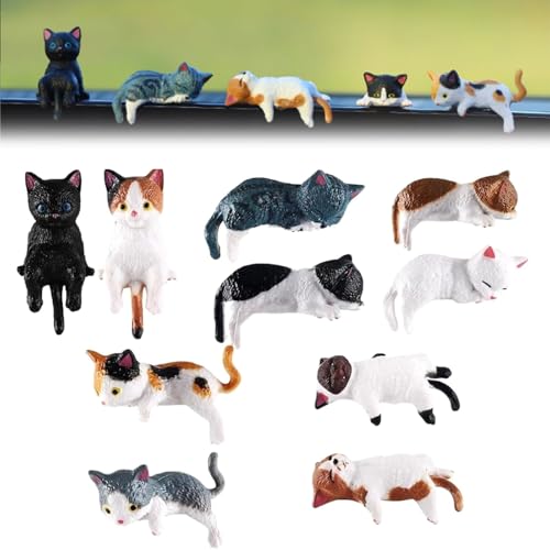 GosBio Mini Cat Desk Figurines - Set of 5 Handcrafted Resin Kittens, Adorable Car Dashboard & Computer Monitor Ornaments, Cute Desk Cats Decor for Home Office Gift (10 Pcs)