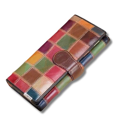 Women's Genuine Leather Wallet with Checkered Patchwork - Large Capacity Long Clutch Trifold Wallet Handbag Multicolor Ladies Purse