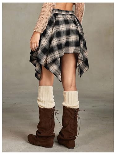 Verdusa Women's Y2k Goth Grunge Plaid Skirts Tie Vintage Asymmetrical Flowy Pleated Mini Skater Skirt3