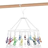Clothes Drying Rack, Hanging Laundry Drying Rack Clothing with 16 Colorful Clips Stainless Steel,...