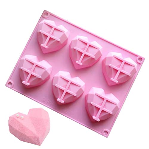 OneCut 6-Cavity 3D Love Heart Diamond Shaped Mold Silicone Bakeware Molds Chocolate Soap Pudding Cake Handmade Baking Tools Tray Mould DIY Tool (Pink)