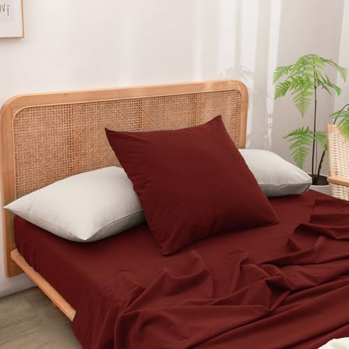 BESTOUCH Washed Cotton Pillowcases Linen Feel Fired Brick Red Euro