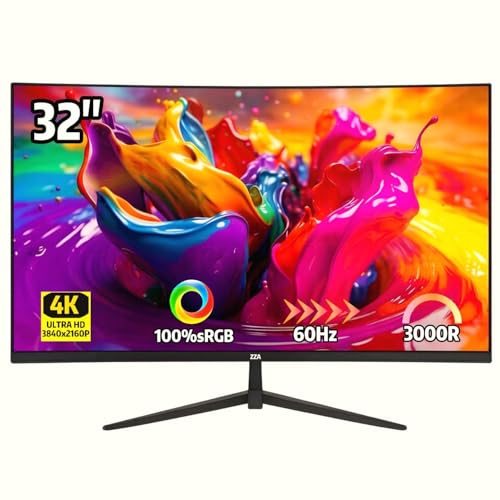 ZZA 32 Inch 4K UHD Curved Monitor , VA,60Hz Refresh Rate, 100% sRGB, Adaptive Sync, 178° Viewing Angle, HDMI/DisplayPort - Detailed View