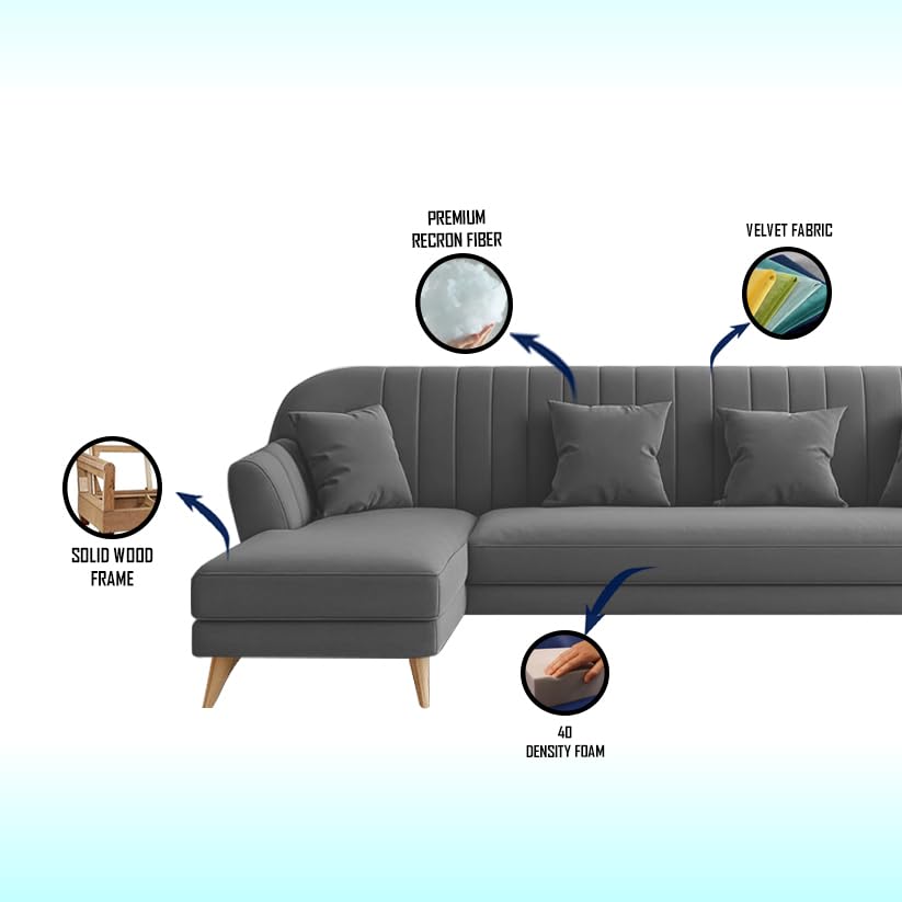 Image of Atticus RHS 6 Seater L Shape Sofa Set for Living Room (Dark Grey Fabric) Premium Fabric Sofa Set
