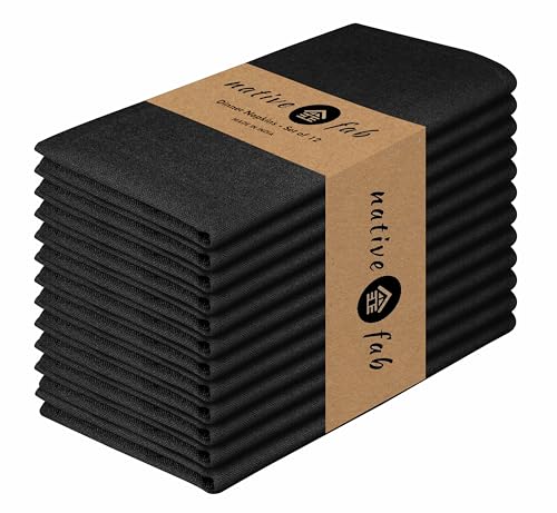 Native Fab Cloth Napkin Set of 12, 100% Cotton, Washable, Reusable Dinner Cloth Napkin 17x17 inches, Table Decor Napkins for Dinner, Events, Black