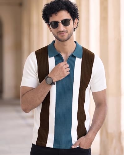 Image of AUSK Men's Zip Collar Polo Tshirt | Cotton Rich Material | Half Sleeves | Modern Knit Panel Work | Regular Fit