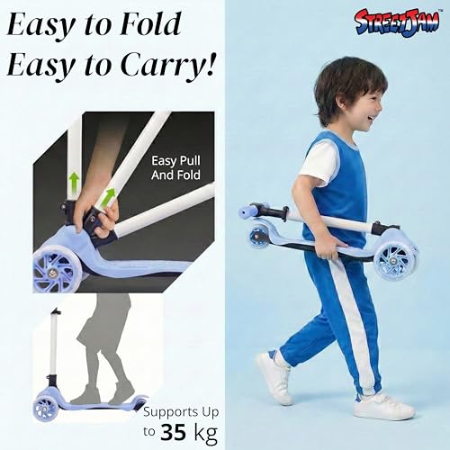 Image of STREETJAM Komiks Kids Kick Scooter for 3-12 Years, Tilt & Turn Safety Lock (1st Time in India), BIS Approved, Lean-to-Steer, Wide Deck, Adjustable Height, Up to 35 kg Load (Neon Blue with Grey)