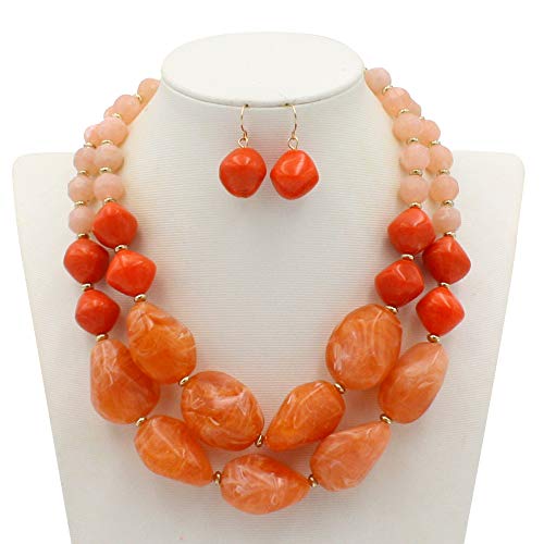 Deyatt Handmade Multi-Laye Jelly Colored Resin Stone Statement Necklace Earring Ombre Polished Acrylic Statement Strand Chunky Necklace Earring Set For Women African Beads Jewelry Set (Orange) #TOP6