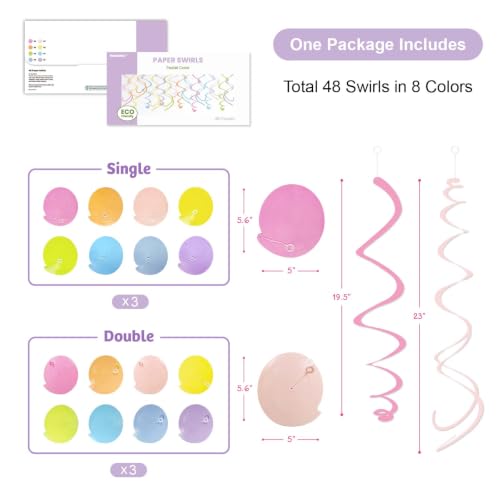 Image of HonuGoGo 48PCS Pastel Paper Swirl Decorations Hanging Ceiling Streamers for Birthday, Spring, Bridal, Gender Reveal, Wedding, or Everyday Party Decor