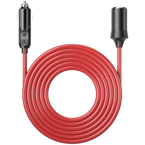 Energeaster 15 FT 6 A Cigarette Lighter Extension Cord with Fuse & LED Power Indicator Male-to-Female Extension Cord Cable 12V/24V Car Charger with Cigarette Lighter Socket Red