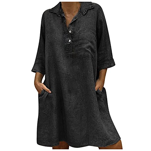 5665 Womens Lapel Linen Tshirt Dresses, Quarter Button Up Half Sleeve Vintage Pocket V Neck Casual Swing Babydoll Dress Black #TOP16