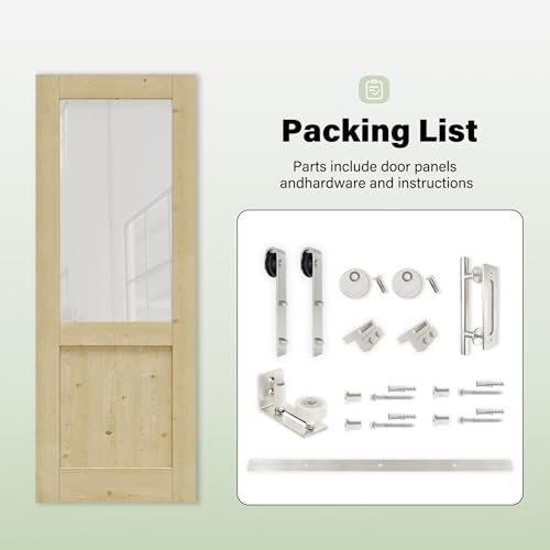 Image of 32 inch x 80 inch Presembled 3-Lite Molded Panel Barn Door with 72 inch Track Kit, Solid MDF Sliding Barn Door for Closet Kitchen Bedroom Pantry, Excellent Sound & Thermal Insulation, Nickel-Plated Hardware Kit