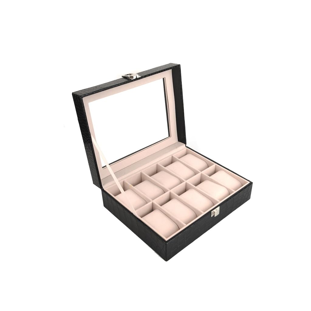 OZBMA Jewelry Box 10-digit Watch PU Leather Transparent Cover Storage (D 25.3cm*20.3cm*8.1cm)