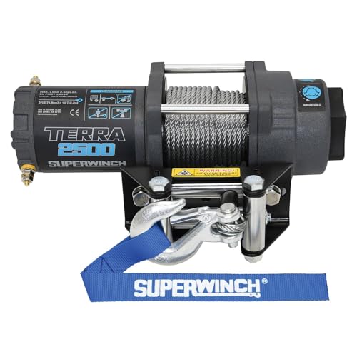 Superwinch 1125260 Terra 2500 12 V DC 2500 1133,99 kg verricello UTV/ATV a Linea Singola con passacavo a Rullo, 3/16 x 12,2 m, Cavo in Acciaio, Telecomando Portatile, Interruttore Manubrio