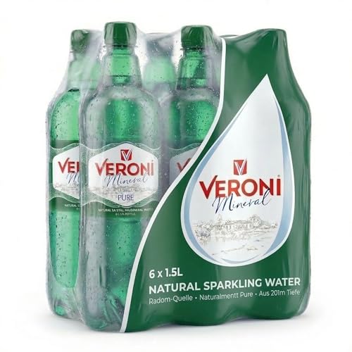 Agua mineral con gas Veroni, 6 botellas de 1,5 litros de PET - Agua mineral procedente de un manantial a 201 metros de profundidad en Radom, Polonia.