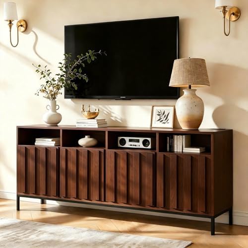 COCO DESIGN Walnut Fluted TV Stand, 70 Inch Media Console with Power Outlet