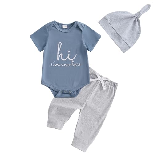 Image of Gobuuly Newborn Baby Boy Clothes Hi I'm New Here Coming Home Outfit Letter Print Romper Pant Fall Winter Baby Boy's Clothing
