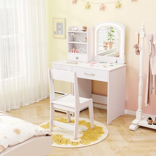 Image of HONEY JOY Kids Vanity, Little Girls Vanity Set with Mirror and Stool and Lights, Wooden Princess Makeup Dressing Table, Storage Box & Shelf, Pretend Play Kids Vanity Table and Chair Set(White)