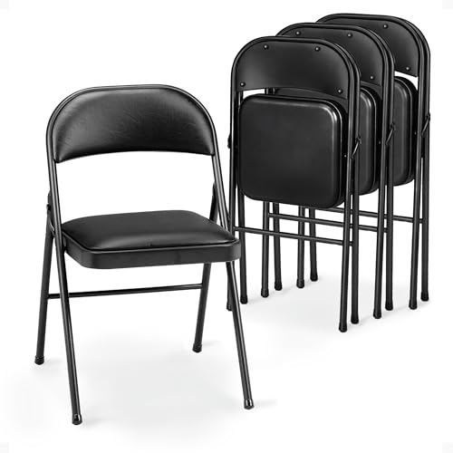 MECO Sudden Comfort Tubular Steel Frame and Deluxe Fabric Padded Folding Chair in Black Lace Frame and Black Seat and Back (Set of 4)
