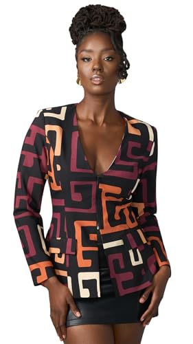 D'IYANU | FAFA Women's African Print Stretch Blazer – Zip-Up Jacket in Neutral Kuba Geometric Pattern – Regular & Plus Sizes