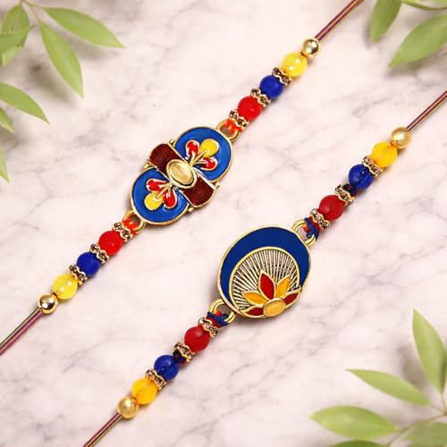 Image of Riddhika Ventures Stylish Kundan and AD Ring Rakhi (Set of 2) with Roli Chawal and Greeting Card || Raksha Bandhan Traditional Festive Gift (B1C1)