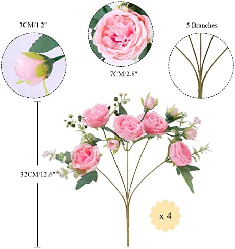 Floweroyal 4 Bunches Peony Artificial Flowers Pink Flowers Silk Peonies Bouquets for Wedding Party Table Centerpieces Floral Arrangement Home Kitchen Decor.