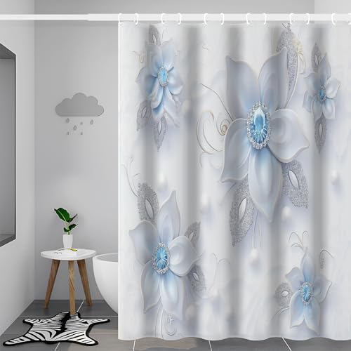 Rideau de douche 180x180 cm polyester bleu motif fleur 3D