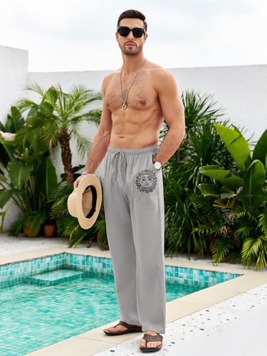 Litthing Pantaloni Lino Uomo Pantalonis da Jogging in Cotone Estivi Casual Tasche Pants Larghi Coulisse Pant Comodi e Leggeri Mare