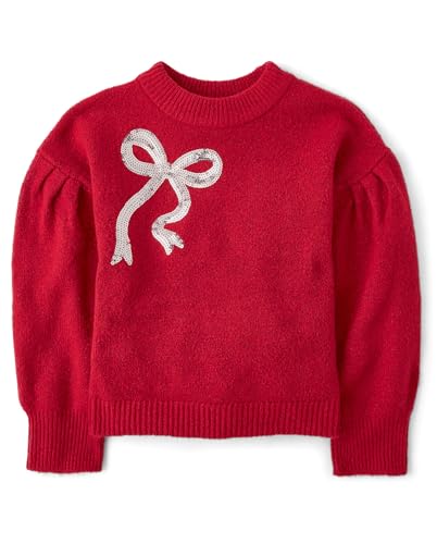 The Children's Place,Girls,Long Sleeve Crew Neck Pullover Sweater,Red Bow,X-Large