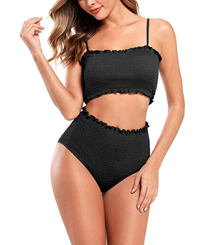 SHEKINI Women s Shirred Bandeau Strapless Swimsuit Smocked Bikini High Waist Swim Bottoms(Black, Medium)