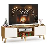 VASAGLE TV-Schrank, Lowboard, Fernsehschrank mit Verstellbarer Ablage, für Fernseher bis zu 65 Zoll, 147 cm lang, Übergangsstil, Fernsehtisch, Wohnzimmer, natureichenfarben-cremeweiß LTV566Y01