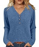 XMTOPYE Womens Sweaters Long Sleeve Shirts V Neck Sweatshirt Trendy Casual Fall Outfits Winter Clothes Blue