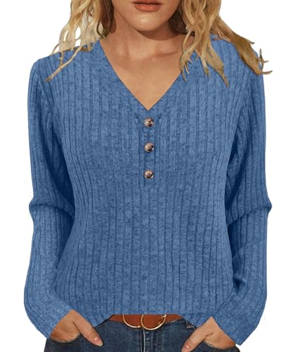 XMTOPYE Womens Sweaters Long Sleeve Shirts V Neck Sweatshirt Trendy Casual Fall Outfits Winter Clothes Blue