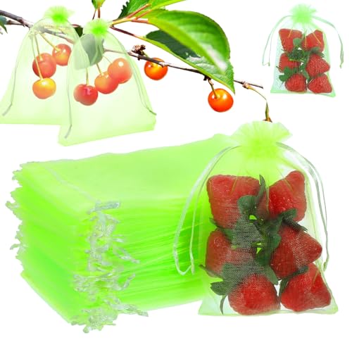 Ouligay 50pcs Fruit Protection Bags 5.91x3.94in Light Green Fruit Bags for Trees & Vegetables, Mesh Produce with Drawstring for Pest Barrier