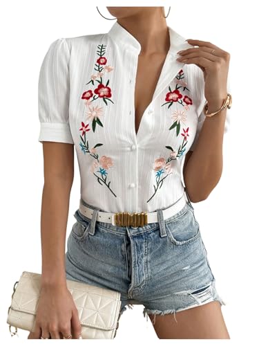 Floerns Women's Floral Embroidery Button Down Shirts Puff Sleeve Dressy Casual Blouse Top