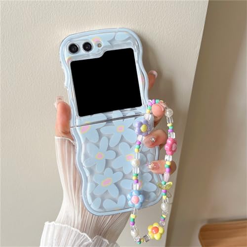 Coque Samsung Z Flip 5 couverture ondulée antichoc et lanière fleur dessin animé amovible
